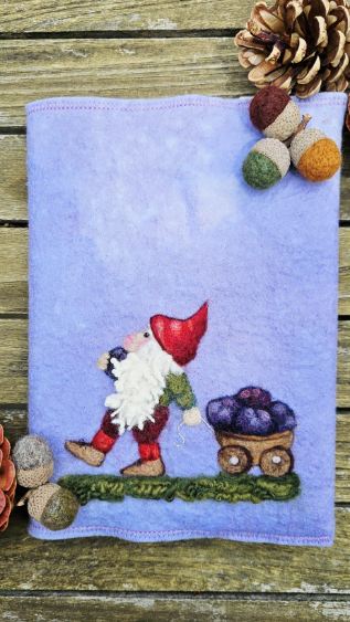 Button & Bean Needlefelted Journal - Gnome with Blueberry Cart