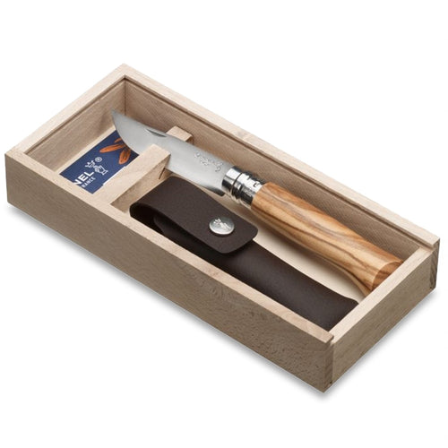 Opinel N°08 Olive Wood Knife + Sheath Boxed Set