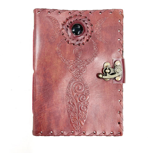Leather Journal - Triple Moon Goddess with Black Onyx