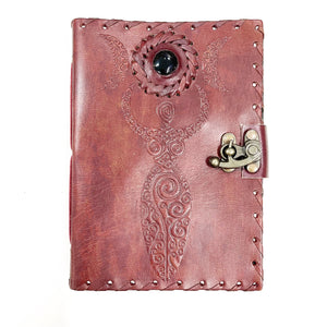 Leather Journal - Triple Moon Goddess with Black Onyx