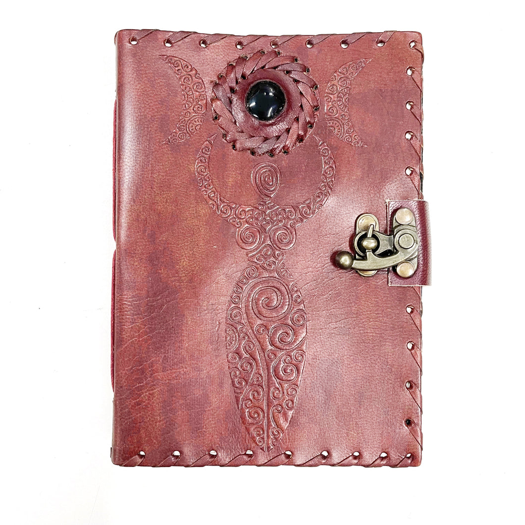Leather Journal - Triple Moon Goddess with Black Onyx