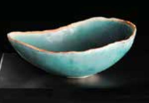 Japanese organic shaped teal bowl (in wooden box)